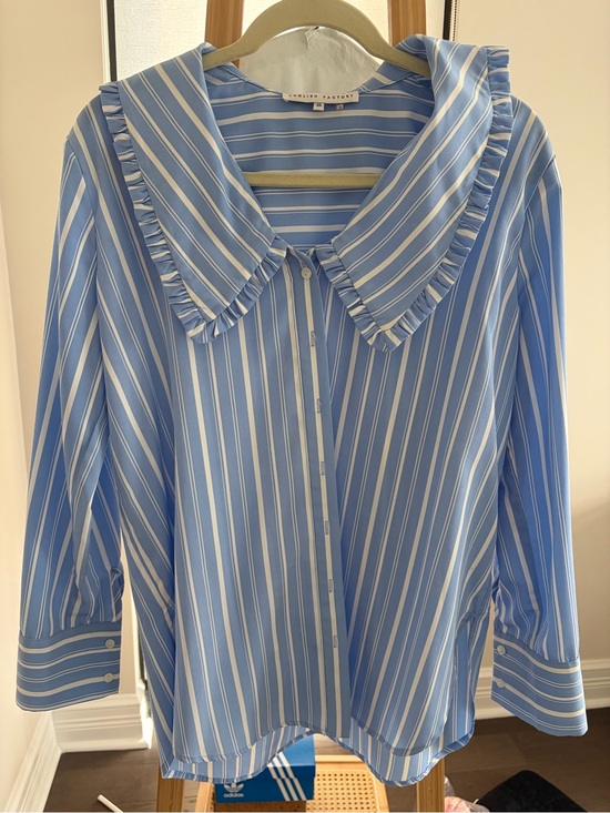 English Factory Tops - English Factory Striped Ruffle Collar Button-Front Blouse - Light Blue